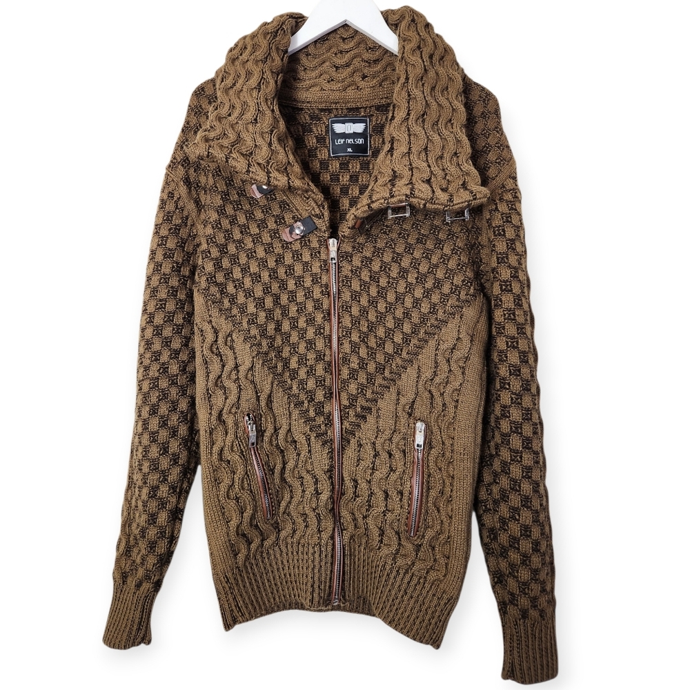 Light Brown Cable Knit Zip-Up Cardigan Sweater